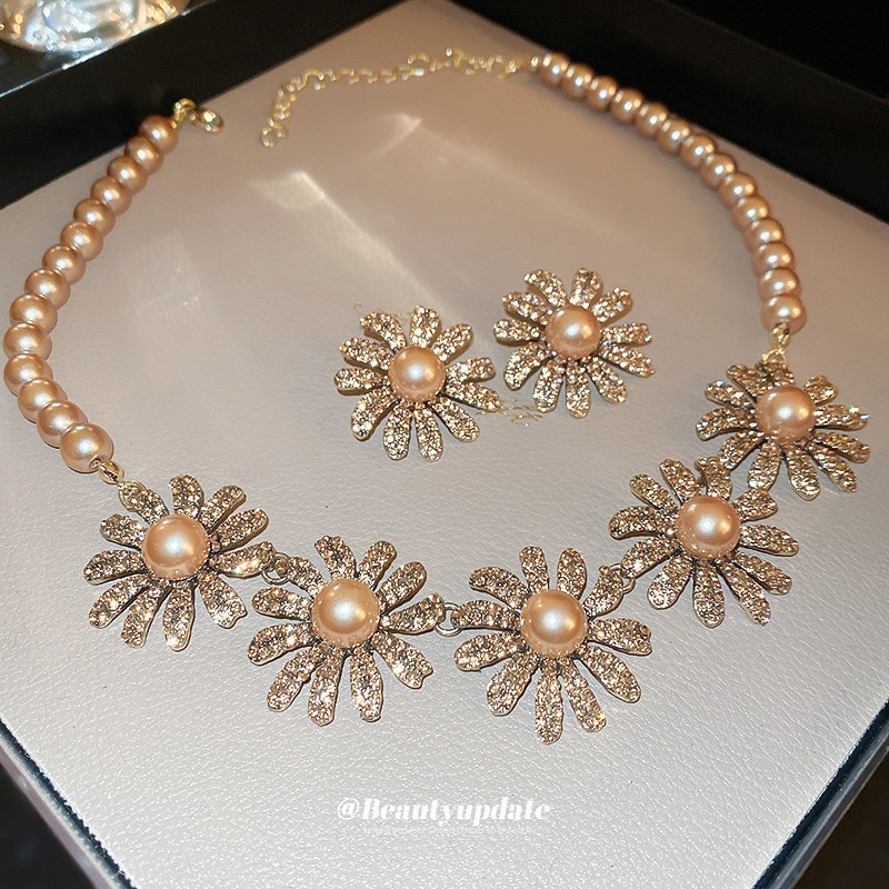 欧美镶钻花朵珍珠项链耳环套装宫廷风复古中古锁骨链气质通勤颈链