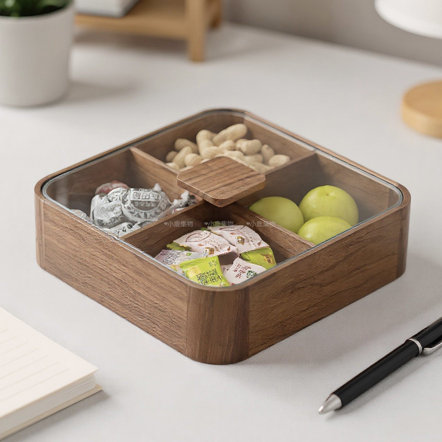 实木分格带盖玻璃干果收纳盒