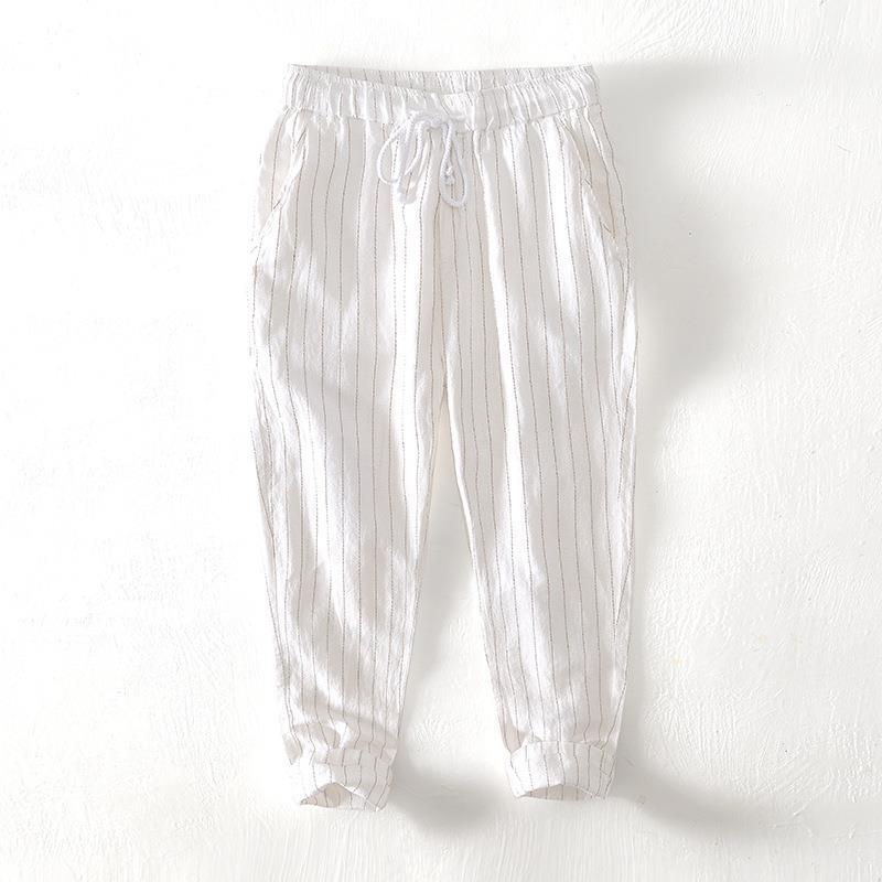 Cotton and linen striped cropped pants for men
