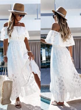 Lace lace long dress, white beach dress, strapless one