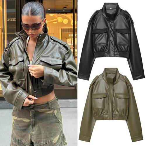 Short leather jacket, women's zipper jacket, jacket