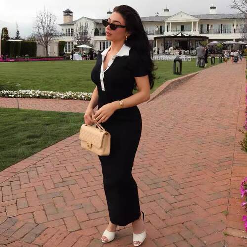 Collar slimming patchwork hip hugging short sleeved long