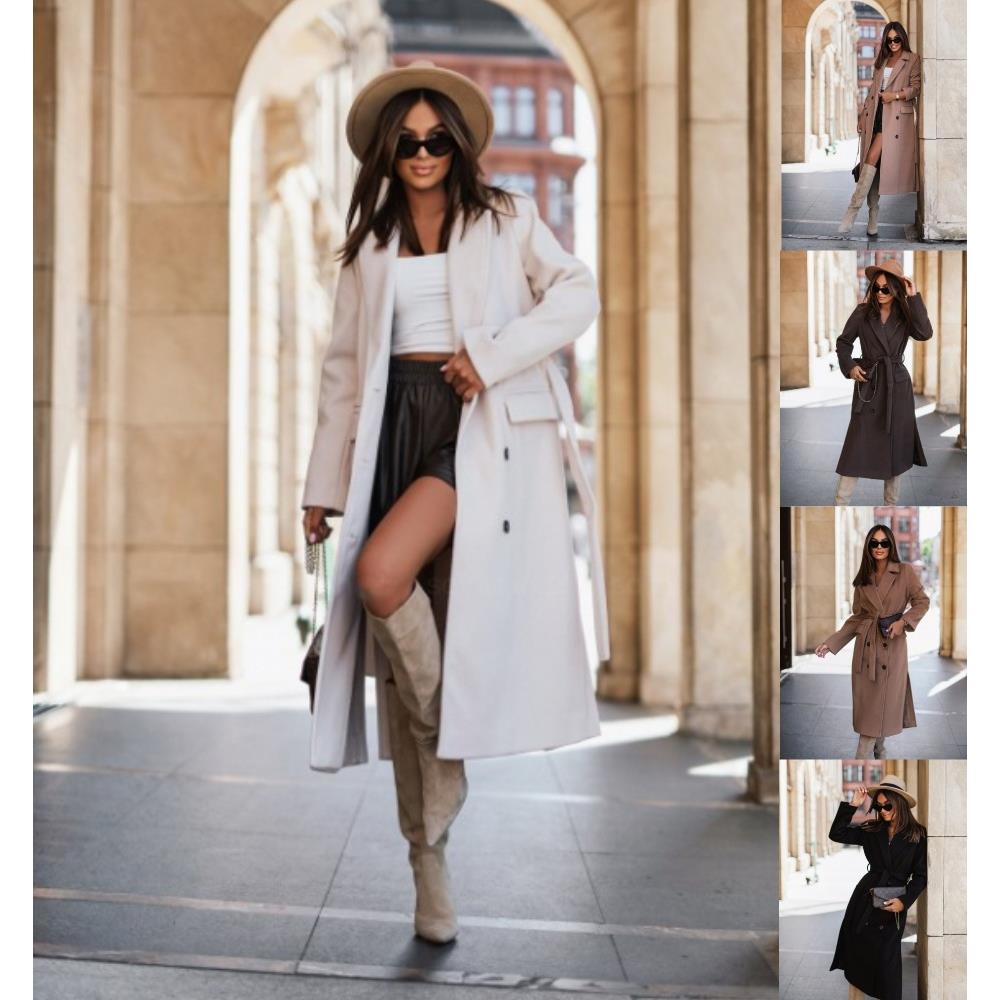 Long sleeved suit collar tied woolen coat for women
