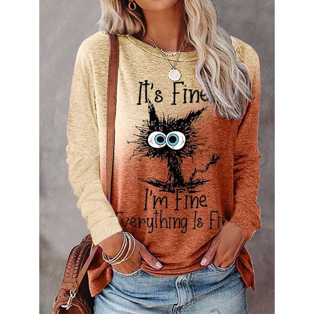 Gradient printed long sleeved T-shirt round neck women's hoo