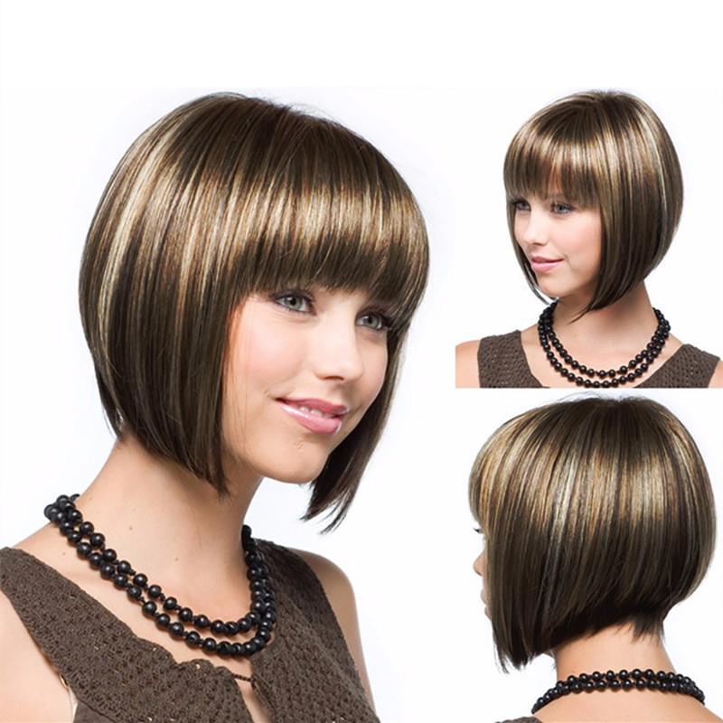 Wig for women, short, neat, slanted, bangs, wavy hair,