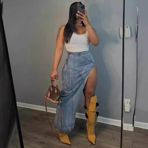Women's clothing, women's clothing, side slit denim half