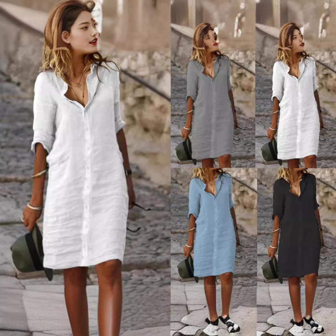 Collar, mid sleeve cotton and linen shirt dress