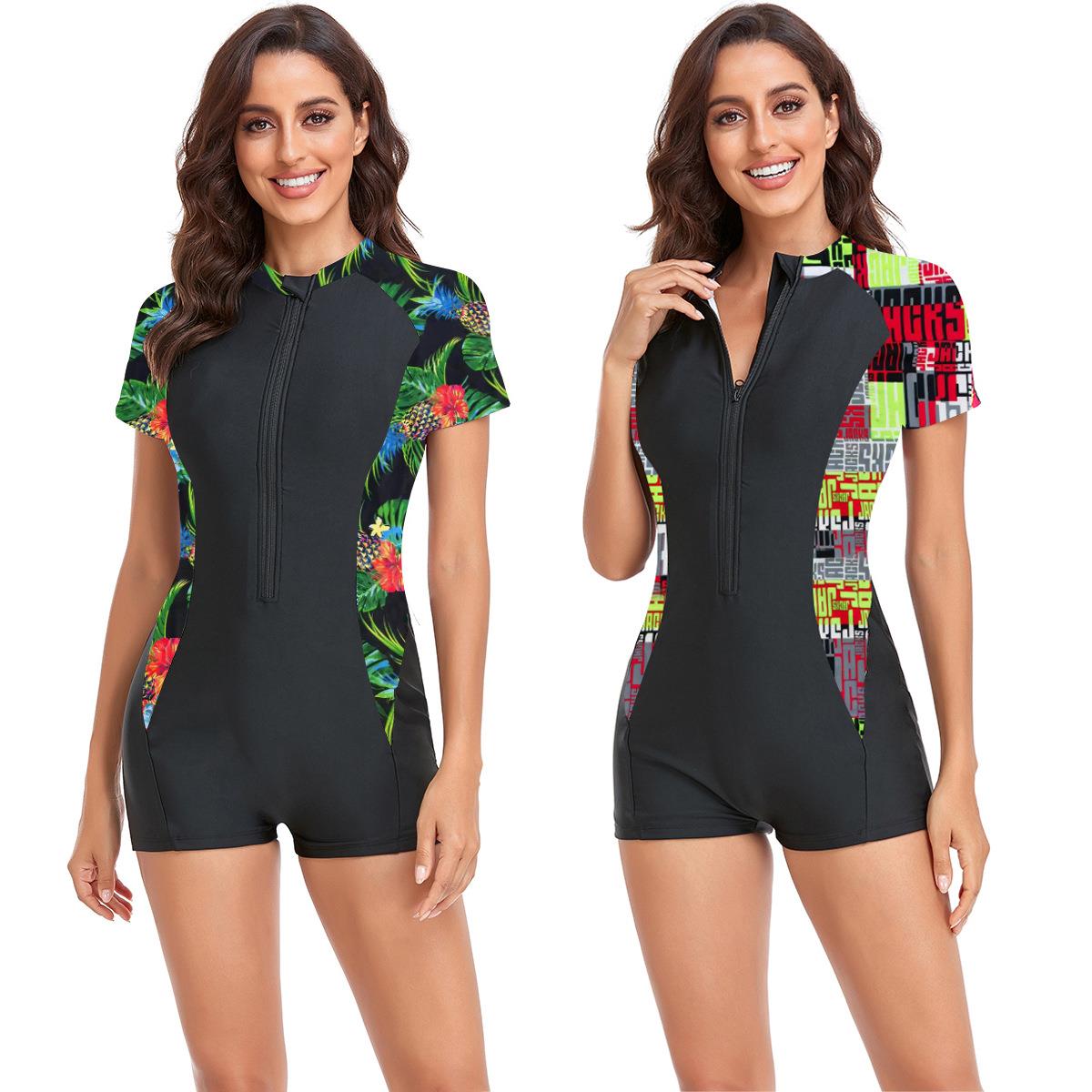 One-piece flat angle swimsuit, plus size short sleeved