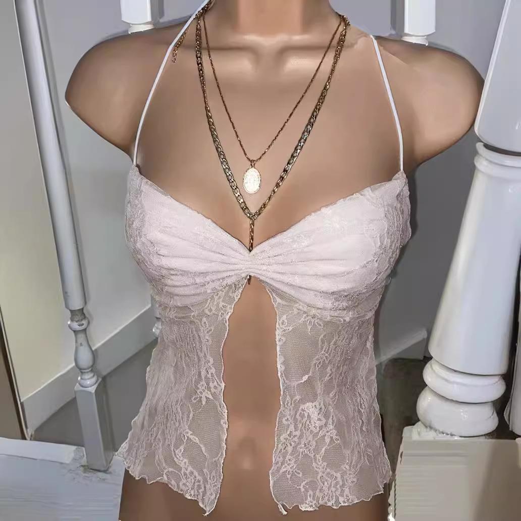 Lace slit neck hanging vest 蕾丝开叉挂脖小背心