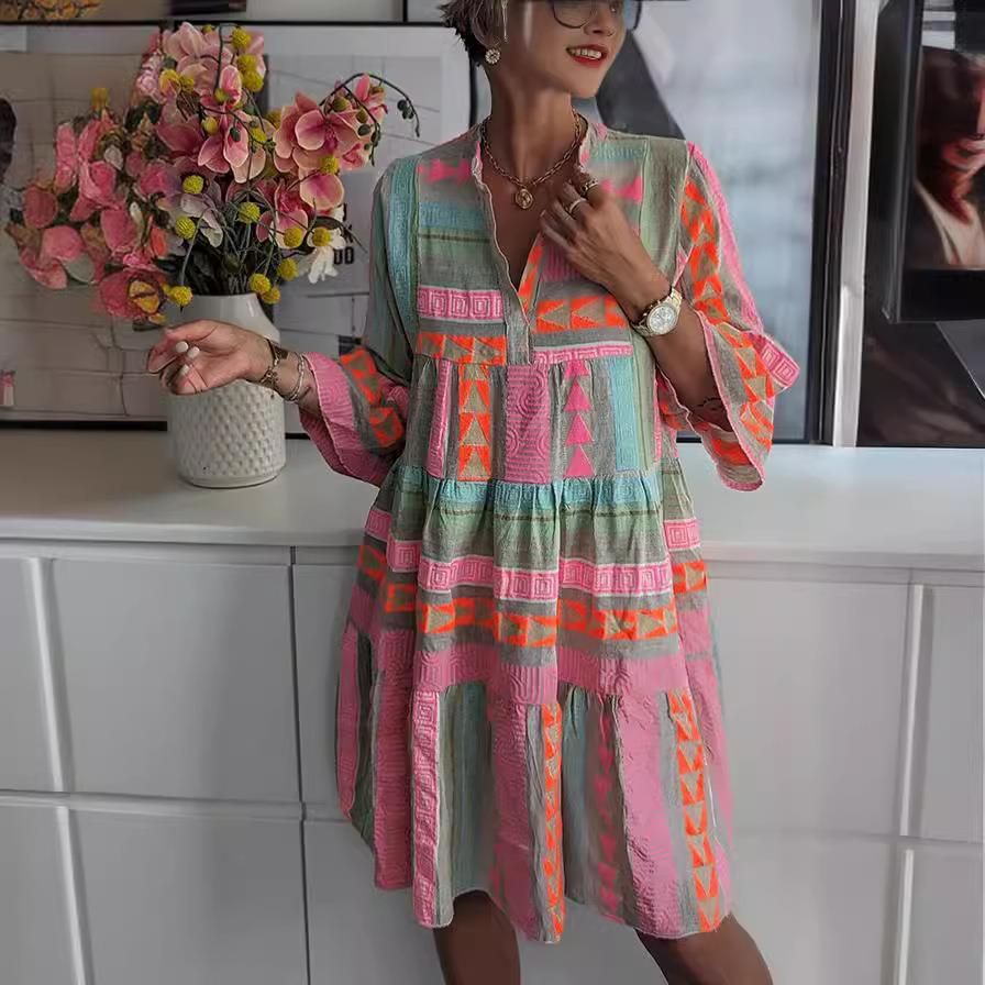 Women's printed collar seven quarter sleeve dress