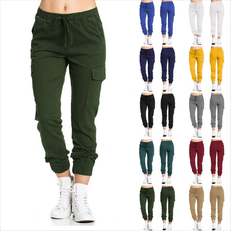 Women's multi bag casual pants with elastic waistband and dr