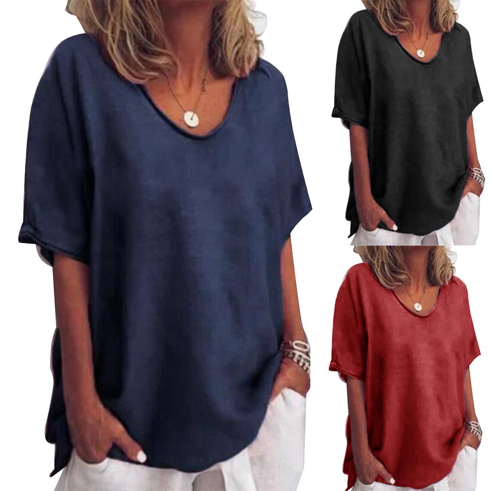 Cotton and linen short sleeved T-shirt, women's slimming