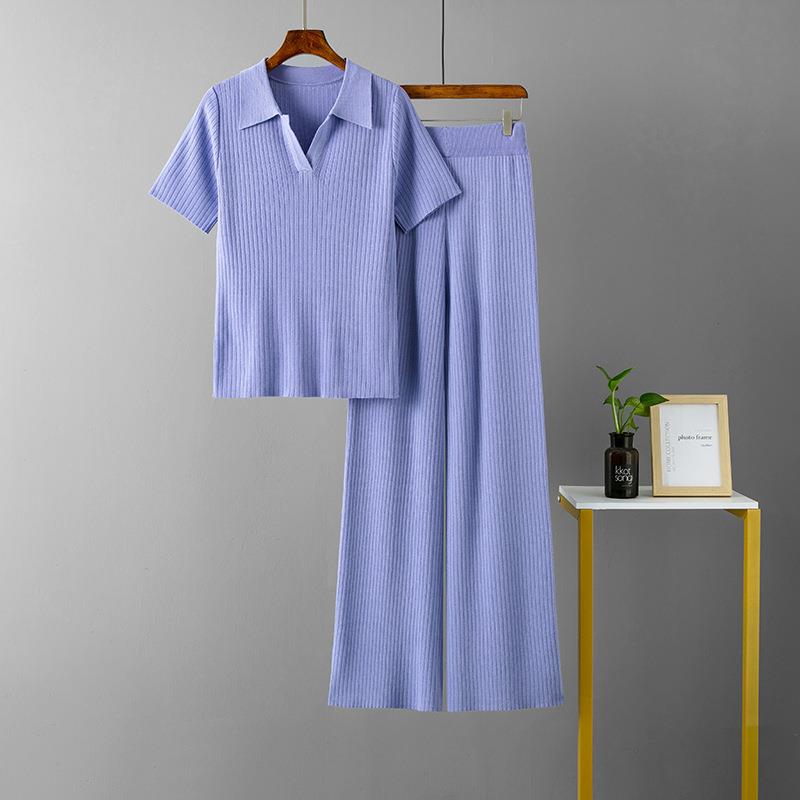 Women's collar pullover short sleeved top+slimming wide