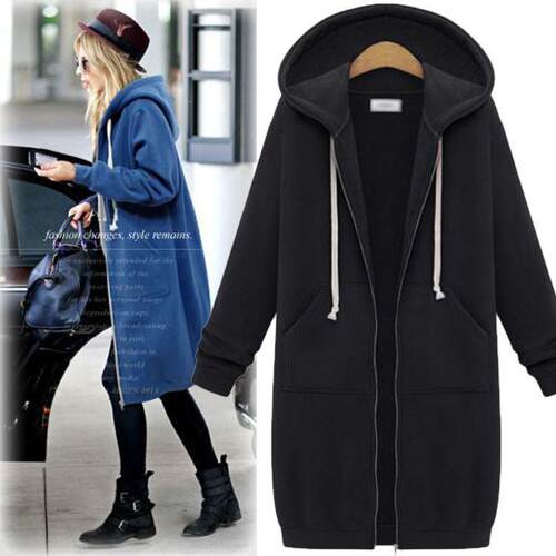Medium length hooded long sleeved sweatshirt jacket