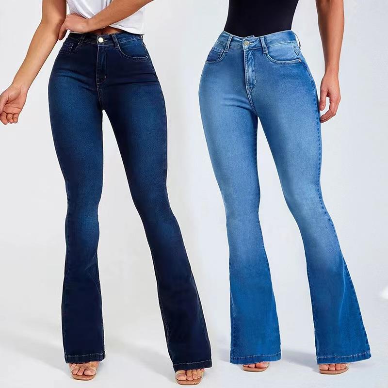 High waisted elastic flared jeans women's pants