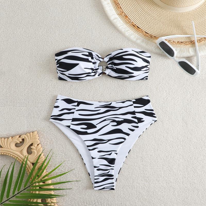 Strapless swimsuit bikini striped high waisted printed