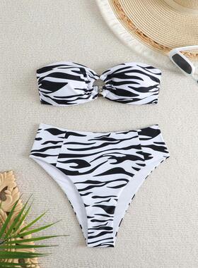 Strapless swimsuit bikini striped high waisted printed