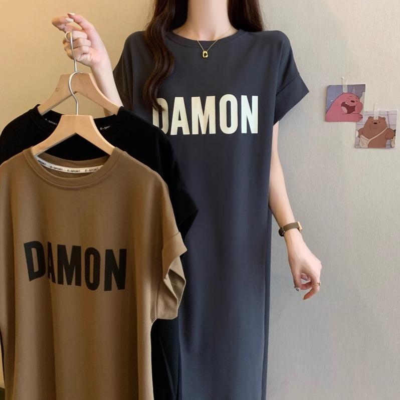 大码女装短袖t恤连衣裙夏季胖mm宽松外穿显瘦慵懒风过膝长款裙子