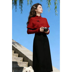 新中式红色斗篷盘扣毛衣2026春季高级感上衣轻熟气质巨好看针织衫