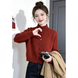 半高领红色针织开衫女春秋季2026年新款温柔减龄百搭毛衣长袖上衣
