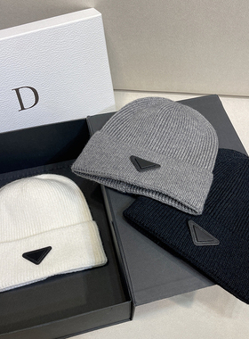 insM字母针织帽套头冷帽女三角标保暖护耳帽韩版包头情侣毛线帽子