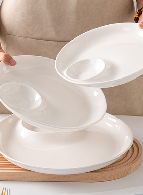 陶瓷盘子虾盘饺子盘带醋碟分格子母盘纯白寿司盘大号圆盘