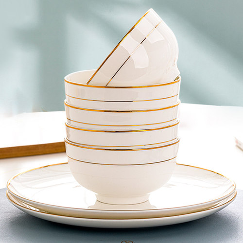 金边碗10个家用陶瓷碗盘碗套装