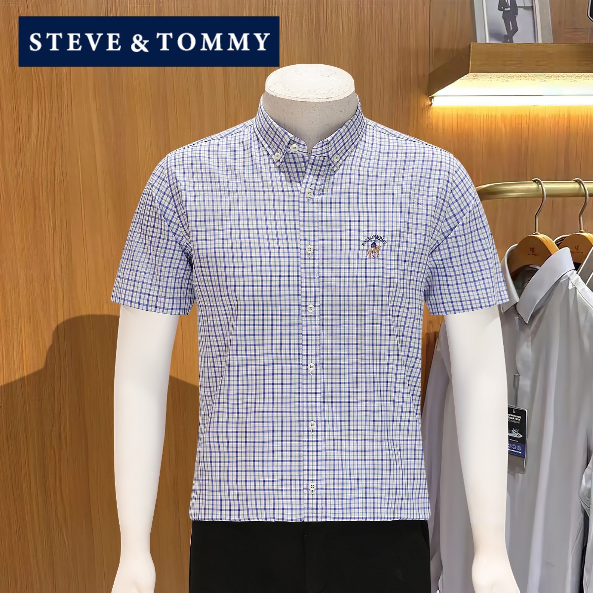 STEVE TOMMY史蒂夫汤米纯棉短袖衬衫男夏季薄款商务休闲格子衬衣