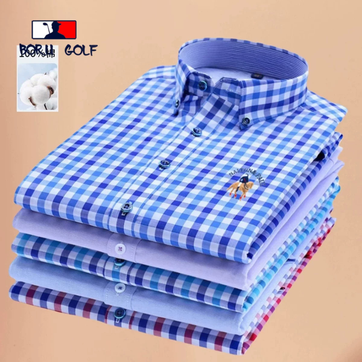BORU GOLF纯棉红色格子衬衫男士长袖春秋薄款休闲刺绣中年衬衣