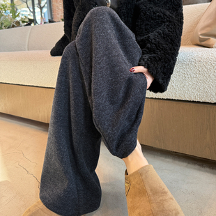 秋冬加厚直筒休闲垂坠感宽松裤 子女2025新款 加绒裤 灰色糯米阔腿裤