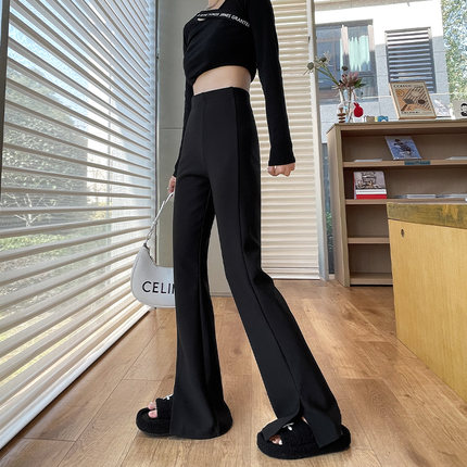 开叉喇叭裤女春秋新款高腰显瘦垂感修身西装黑色微喇马蹄拖地长裤