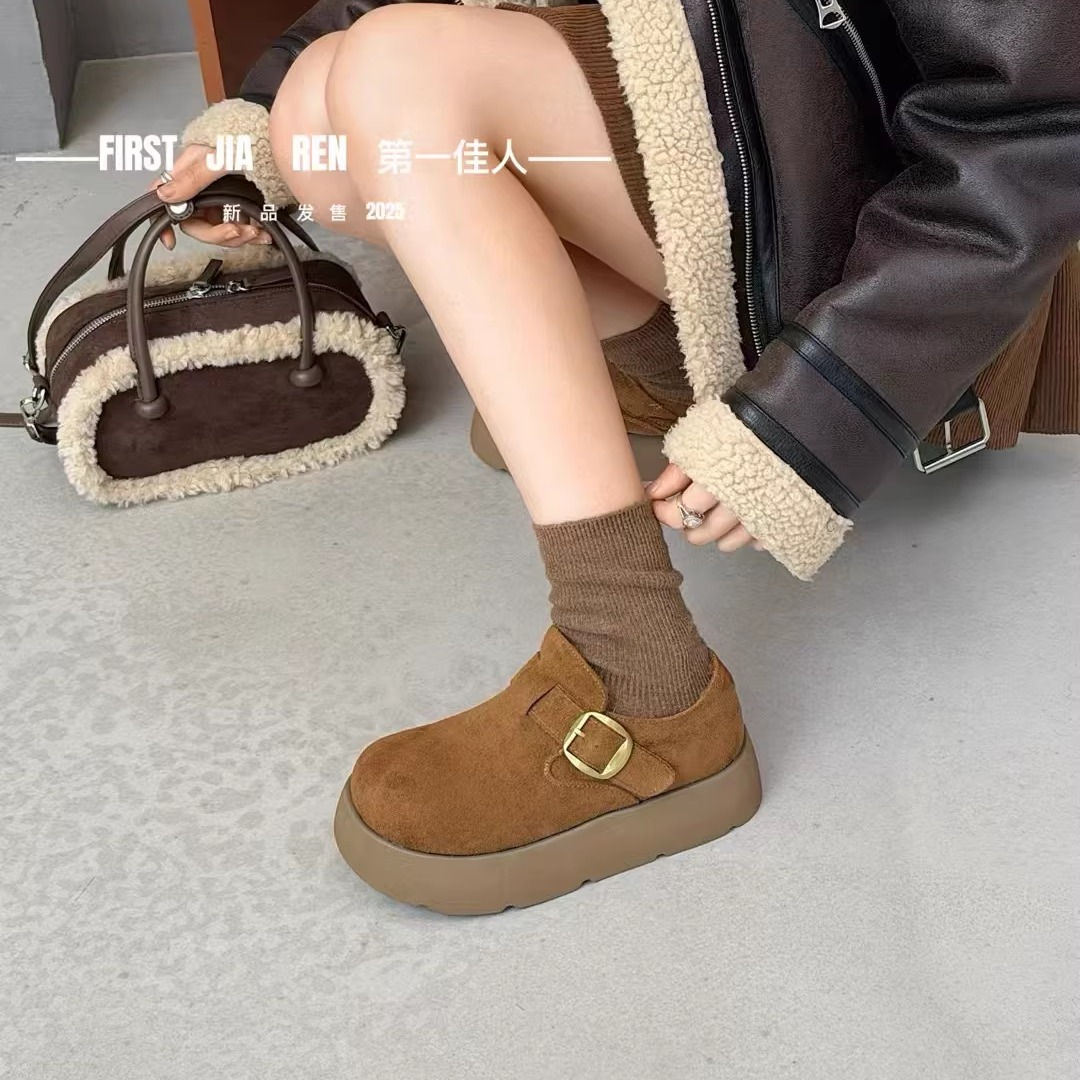 第一佳人女鞋勃肯鞋加绒厚底25冬款女鞋时尚百搭韩版潮鞋一脚蹬