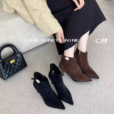 c女鞋25早秋新款短靴跟靴女鞋侧拉链短靴尖头细跟反绒皮气质