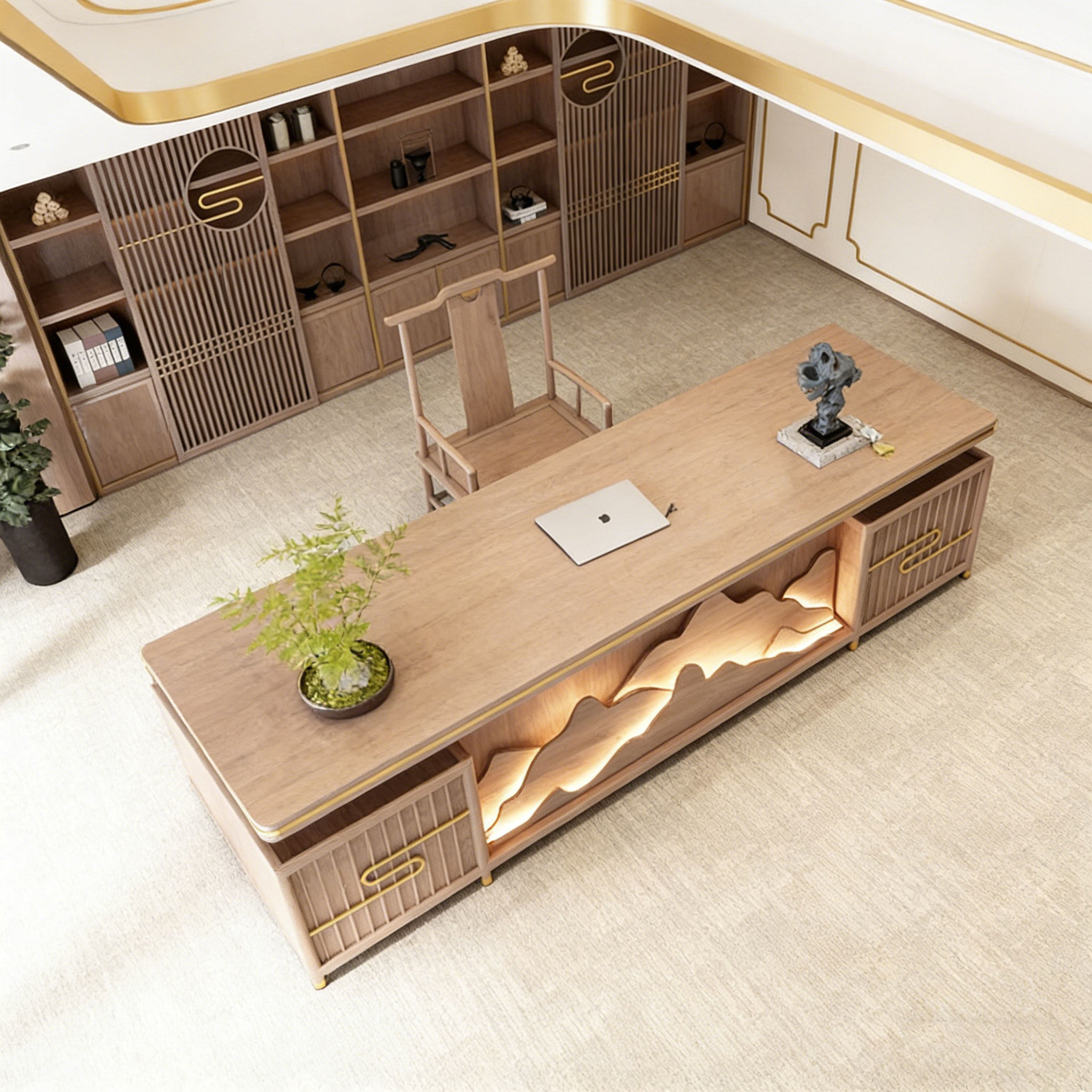 新中式办公桌实木轻奢老板桌椅现代简约大班台禅意大气总裁办公室