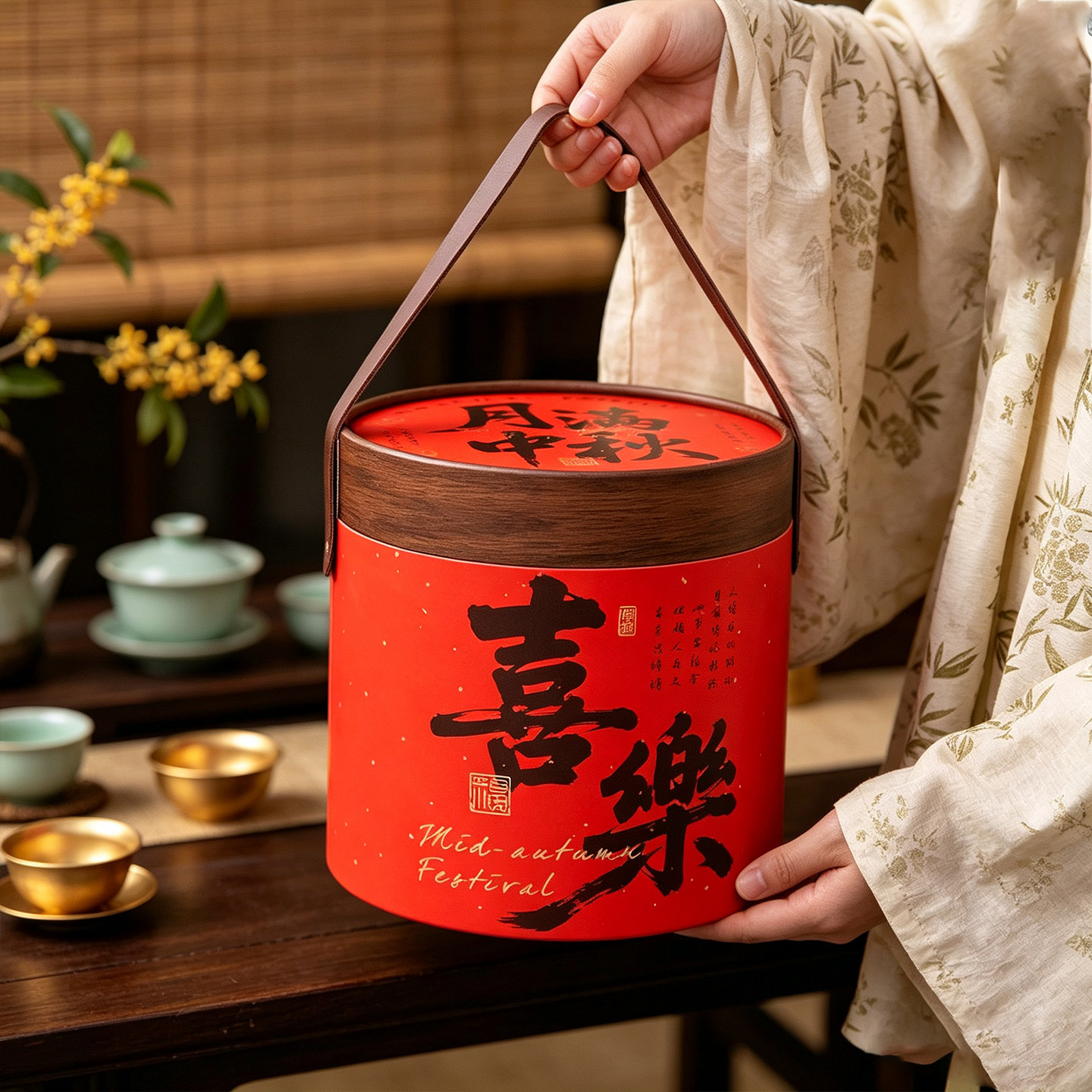 红色抱抱桶2026新款中秋点心礼盒包装盒喜庆包装高档盒子手提空盒