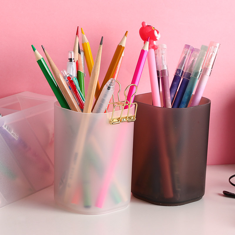 日式ins简约创业透明圆形磨砂铅笔筒时尚个性桌面摆件多功能商务笔