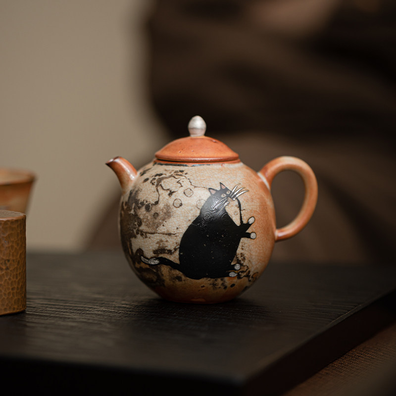 蕴华堂 中式手工绘银猫咪茶壶功夫茶具泡茶壶复古志野烧喝茶壶,餐饮具,茶壶,淘宝优惠券,粉丝福利购,淘宝优惠卷
