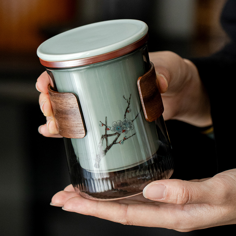 蕴华堂汝窑喜上眉梢泡茶杯随手杯高颜值办公室陶瓷内胆茶水分离杯