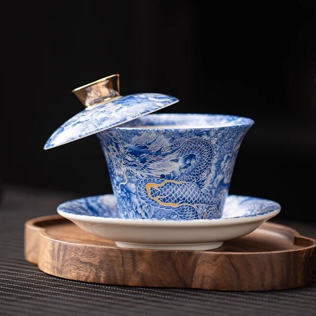 蕴华堂羊脂玉唐卡可悬停三才盖碗家用陶瓷单个泡茶碗高档茶具套装