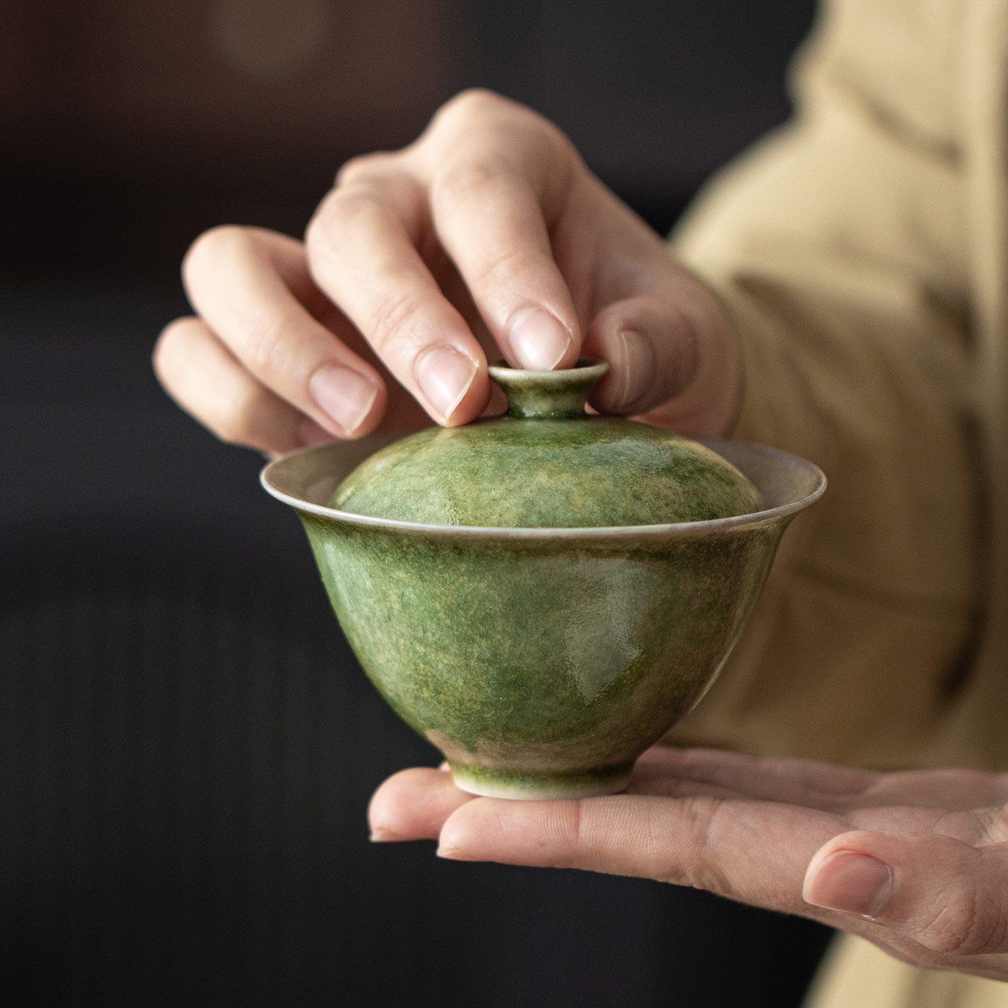 蕴华堂窑变绿元宝盖碗家用陶瓷泡茶碗茶杯复古二才盖碗高档礼盒装