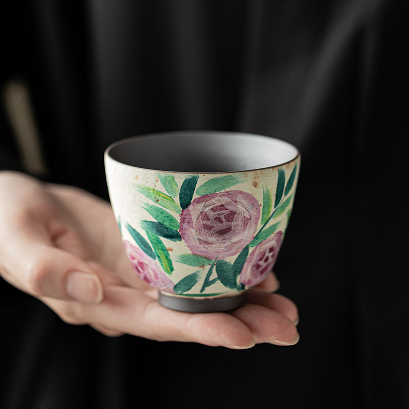 蕴华堂 手绘玫瑰老岩泥沉香杯复古功夫茶杯单杯高端个人专用茶盏