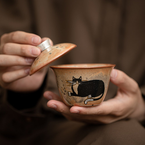 蕴华堂复古陶瓷二才盖碗手工绘银猫咪泡茶碗志野烧高端家用喝茶杯