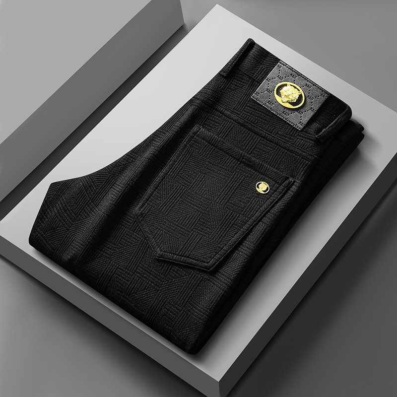 美国苹果AEMAPE轻奢休闲裤男士秋冬新款弹力提花商务加绒直筒长裤