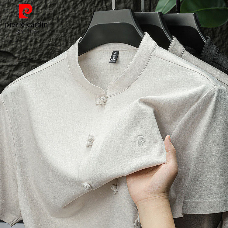 皮尔卡丹夏季薄款中国风男士针织短袖衬衫中老年爸爸装立领衬衣男