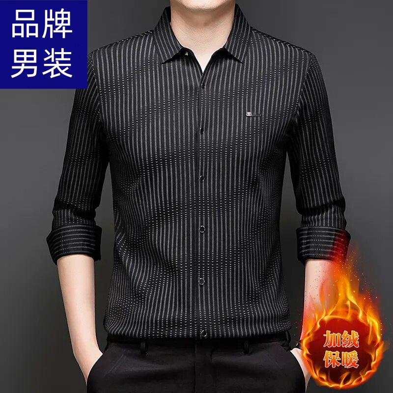 老爷车加绒条纹衬衫保暖
