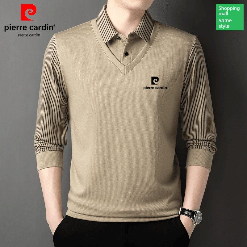 皮尔卡丹桑蚕丝假两件Polo衫男士2025秋季新款商务休闲长袖t恤男