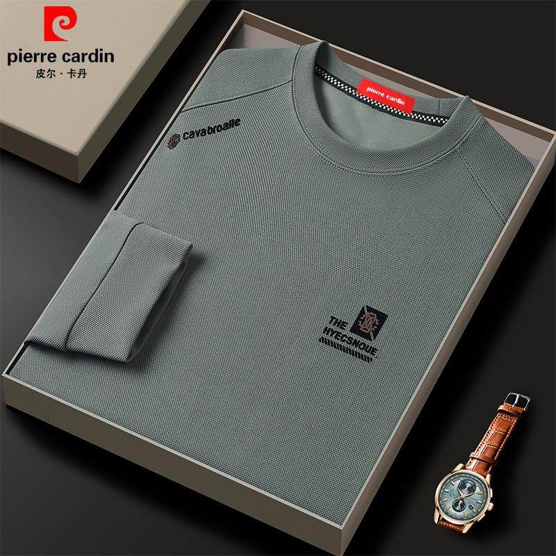 皮尔卡丹男士抗皱亲肤长袖T恤春季薄款卫衣中青年宽松圆领打底衫