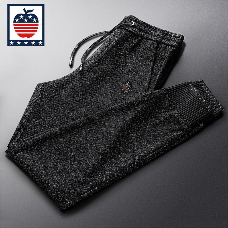 美国苹果AEMAPE秋冬大码针织裤子提花商务男士休闲裤弹力宽松长裤