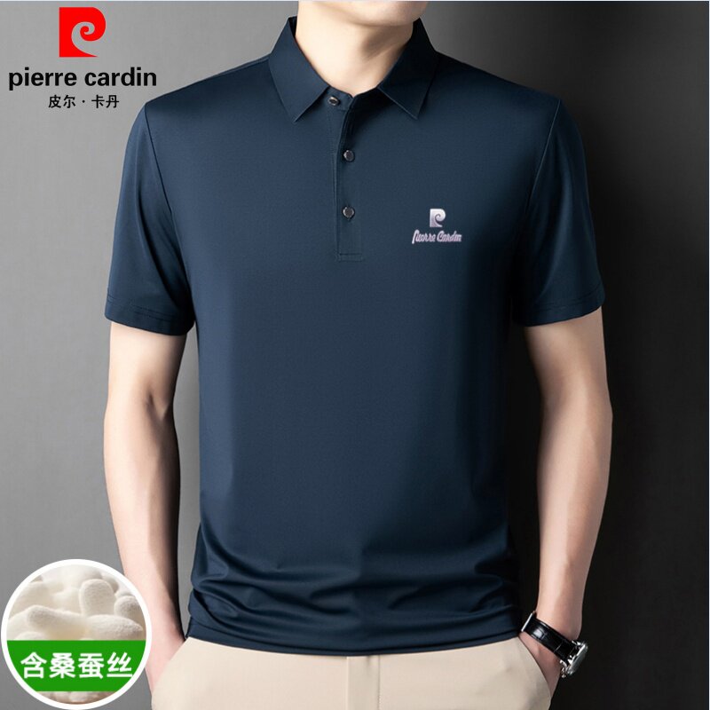 皮尔卡丹桑蚕丝短袖T恤男夏季新款中年爸爸装休闲宽松翻领Polo衫