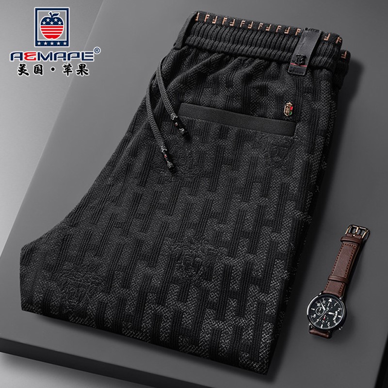 美国苹果AEMAPE男士休闲裤条纹针织春秋宽松直筒中年轻奢百搭大码